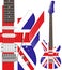 Six-string electric guitar decorated in the style of the flag of the United Kingdom