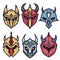 Six stylized fantasy warrior helmets colorful design, helmet features unique horns cultural