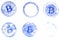 Six variants of the virtual currency Bitcoin blue stamp on white paper. For the design of documents on the crypto currency.