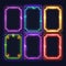 Six vibrant neon rectangles glowing. Different colors outlined rectangle banners text. Neon sign