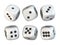 Six white game dices randomly rotated 3D