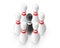 Six white and one black bowling pins isolated on white background. Bowling pins illustration 3D.