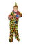 Six year old cute dancing boy in the clown suit. Isolated, on white background. Full-height portret