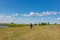 A six-year-old preschooler boy in a blue jacket launches a toy plane in a field against a blue sky with clouds on a summer day