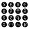 Sixteen black and white grunge icons with images of modern currency symbols of various countries, for exchange offices