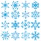 Sixteen blue snowflakes