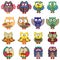 Sixteen cartoon ornate funny owls