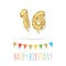 Sixteen cute birthday card template. Gold glitter balloon numbers 16. Vector