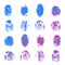 Sixteen fingerprints on a white background, bright saturated colors. Pink, blue and purple shades illustration.Bright gradient