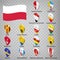 Sixteen flags the Provinces of Poland  - alphabetical order with name.  Set of 3d geolocation signs like flags Provinces of Poland