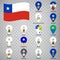 Sixteen flags the Regions of Chile -  alphabetical order with name.  Set of 2d geolocation signs like flags Regions of Chile.  Six