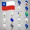 Sixteen flags the Regions of Chile -  alphabetical order with name.  Set of 3d geolocation signs like flags Regions of Chile.  Six