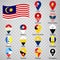 Sixteen flags the States of Malaysia-  alphabetical order with name.  Set of 2d geolocation signs like flags States of Malaysia.