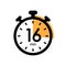 sixteen minutes stopwatch icon, timer symbol, cooking time, cosmetic or chemical application time, 16 min waiting time