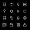 Sixteen white computer icons isolated on black