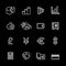 Sixteen white outline bank icons isolated on black