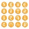 Sixteen yellow-gray grunge icons with white images of modern currency symbols of various countries, for exchange offices