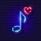 Sixteenth notes neon icon. Music glowing sign. Love Music concept. Vector illustration for Sound recording studio design,