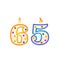 Sixty five years anniversary, 65 number shaped birthday candle with fire on white