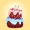 Sixty one years birthday cake with candles number 61. Cute cartoon festive vector image. Chocolate biscuit with berries, cherries