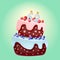 Sixty two years birthday cake with candles number 62. Cute cartoon festive vector image. Chocolate biscuit with berries, cherries