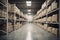 A sizeable clean warehouse with shelves and cardboard boxes. AI generative