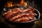 Sizzling bacon strips in a cast iron skillet