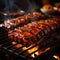 Sizzling barbecue ribs on a grill, closeup of deliciousness