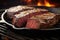 sizzling beef brisket slices on a cast-iron grill