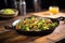 sizzling beef and broccoli skillet on a rustic table