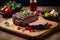 Sizzling Beef Steak on Wooden Tray: Appetizing Visual with Ketchup, Tomatoes, Lemons, and Fresh Coriander