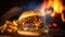 Sizzling Burger Delight: A Fiery Masterpiece. Generative AI
