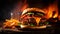 Sizzling Burger Delight: A Fiery Masterpiece. Generative AI