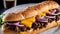 Sizzling Cheesesteak on a Fresh Hoagie Roll.AI Generated