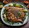 A sizzling, golden-brown grilled fish, perfectly charred and seasoned with aromatic herbs and spices.