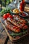 Sizzling Grilled Sausages Garnished with Herbs and Tomato Relish on a Rustic Wooden Board Created With Generative AI Technology