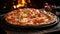 Sizzling hot pizza with golden cheese, pepperoni, and ham, garnished with fresh herbs, served on a rustic wooden table by a cozy