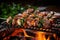 sizzling meat skewers with herbs on a charcoal grill