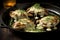 sizzling pan of hen-of-the-woods mushrooms stuffed with havarti