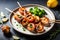 Sizzling plate of grilled shrimp skewers with a tangy garlic and lemon marinade