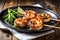 Sizzling plate of grilled shrimp skewers with a tangy garlic and lemon marinade