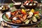 A sizzling platter of barbecue chicken, marinade glistening under a smoky haze, with roasted vegetables on the side