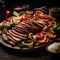 sizzling platter of fajitas, featuring marinated strips of steak, bell peppers, and onions by AI generated