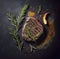 Sizzling Ribeye Steak with Fresh Herbs and Spices. Perfect for Restaurant Menus and Food Blogs.