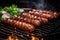 sizzling sausages with bubbling fat on a portable grill