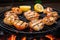 sizzling scallops in a grill basket over hot charcoal