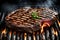 A sizzling steak on a grill with perfect grill marks, smoke rising