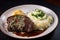 sizzling steak, paired with creamy mashed potatoes and plenty of fresh herbs