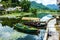 Skadar lake in Montenegro. Tourist boats in town Virpazar.