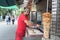 Skadovsk, Ukraine - June 22, 2017: Man prepares shawarma, park, summer